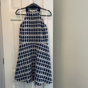 NWT - J.O.A Blue and White Geometric Print Halter Dress Cut Out Dress